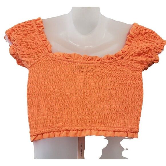 BCBGeneration Crop Top Women's‎ XS Orange Smocked Off-The-Shoulder Stretch NEW - Picture 2 of 11